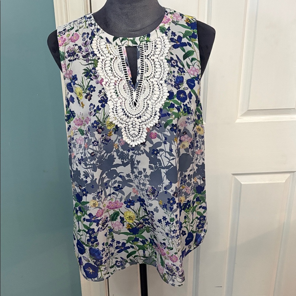 Daniel Rainn Multicolor Floral Blouse with Crochet Detail